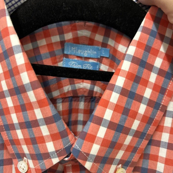 J McLaughlin Mens Shirt L Red Blue Check Trim Fit 100% Cotton Prep Classic‎ USA - Picture 3 of 12